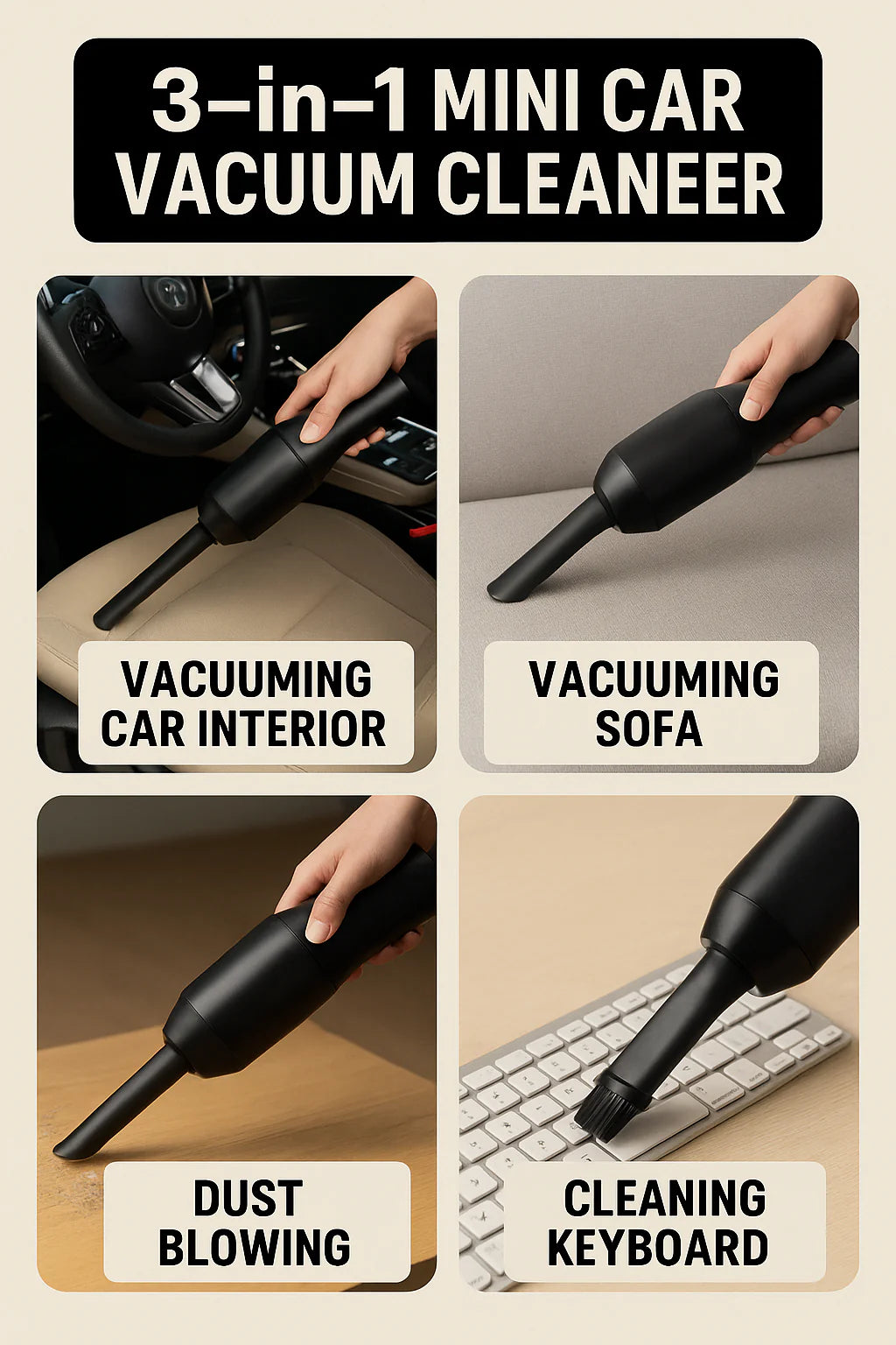 3 in 1 Mini Car Vacuum cleaner – Wireless, Rechargeable, Blower & Dust Cleaner for Car, Home & Keyboard